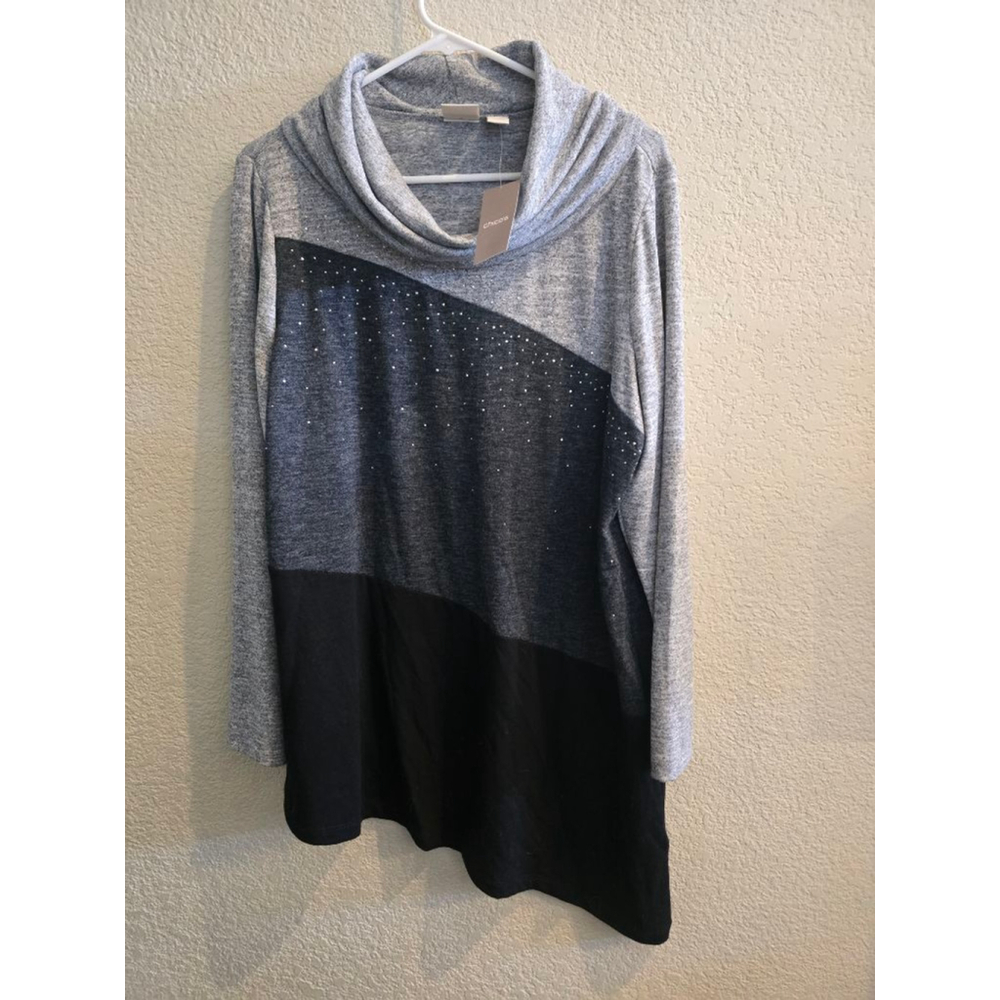 Chico's Gray & Black Colorblock Tunic Top with Embellishments, Size L
